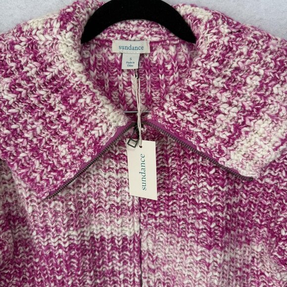 Sundance Sweater Womens Small Pink White Zip Front Collared Chunky Knit Pockets - Picture 2 of 8